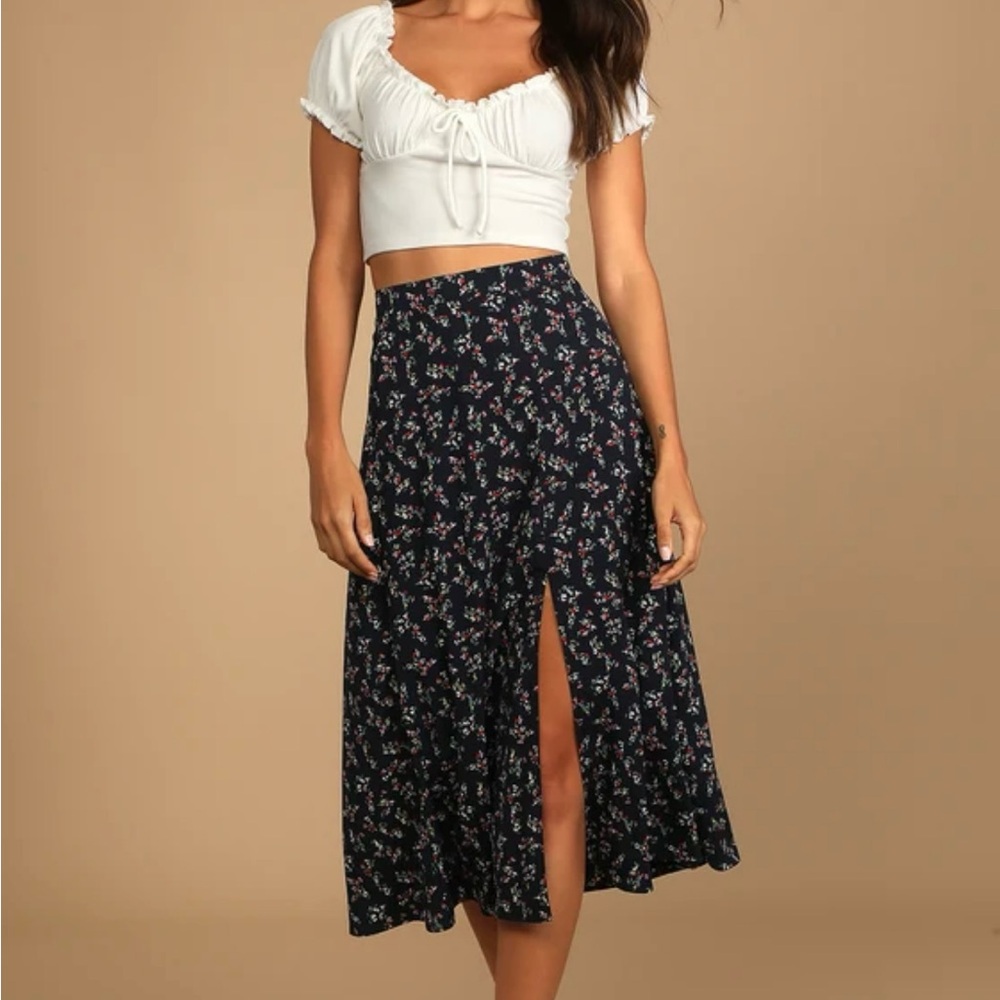 Lulu's Black and White A-Line Midi Skirt with Slit